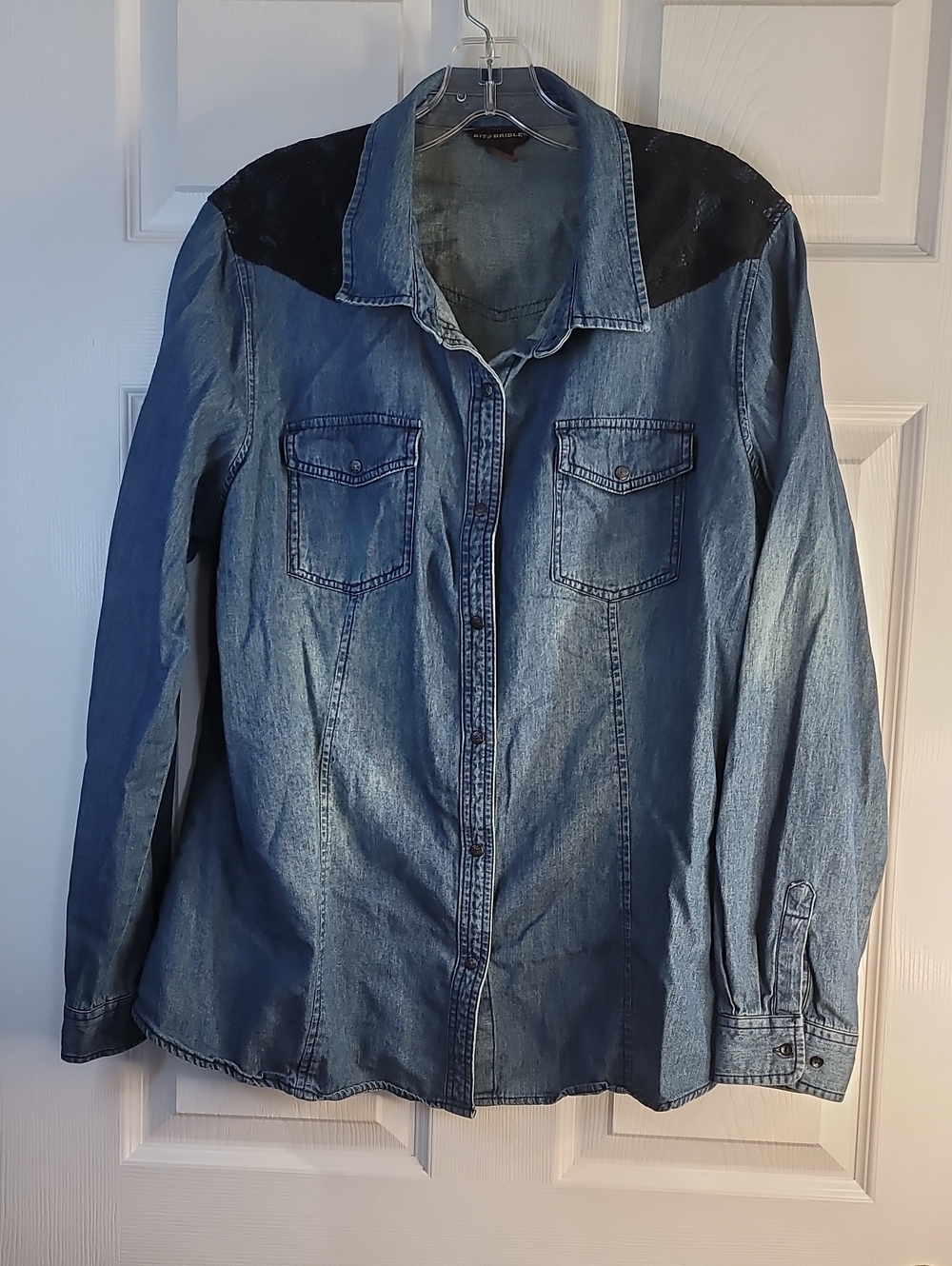 Bit & Bridle ☆  Blue Denim Button-Down with Black Shoulder Panels
